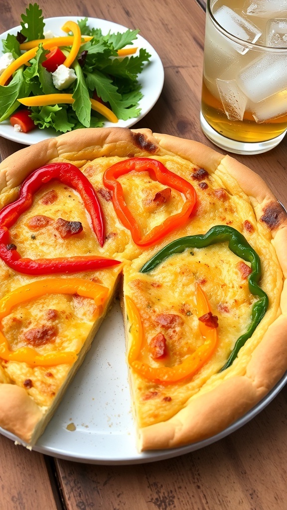 A slice of three pepper quiche with colorful bell peppers in a flaky crust, served on a rustic table with a side salad.